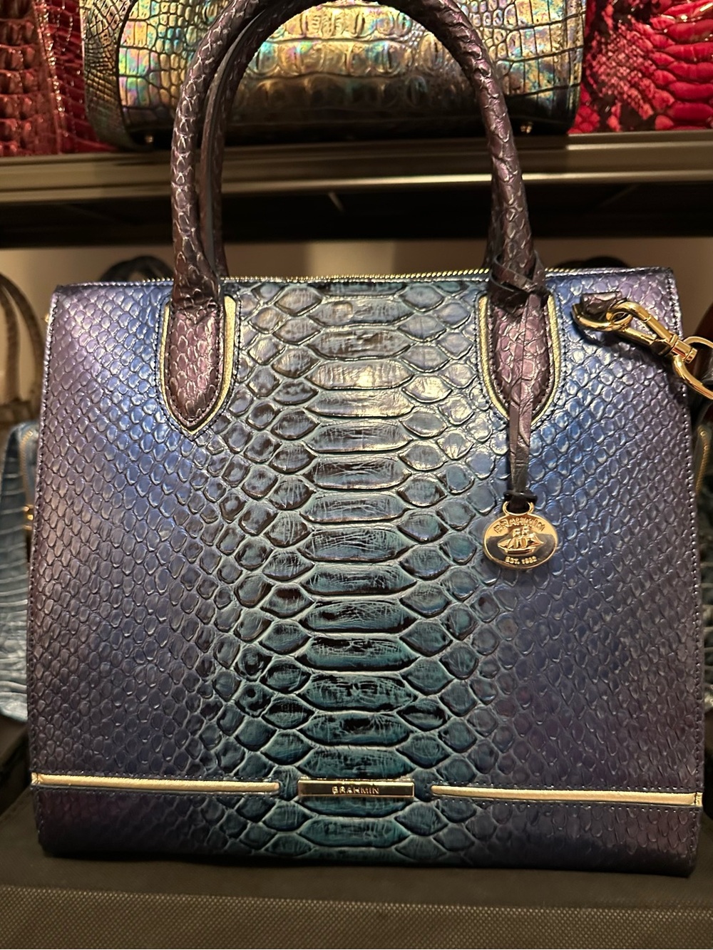 Brahmin Sapphire Blue Iridescent Blue/ Green and Purple Croc-Embossed Satchel